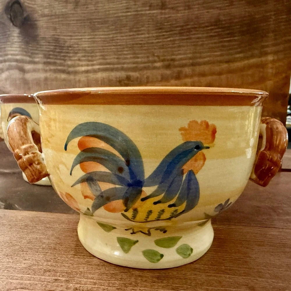 Classic Ceramics Calif. Pantry Dbl Handle Rooster Deco Soup Bowl 2 Hand Painted